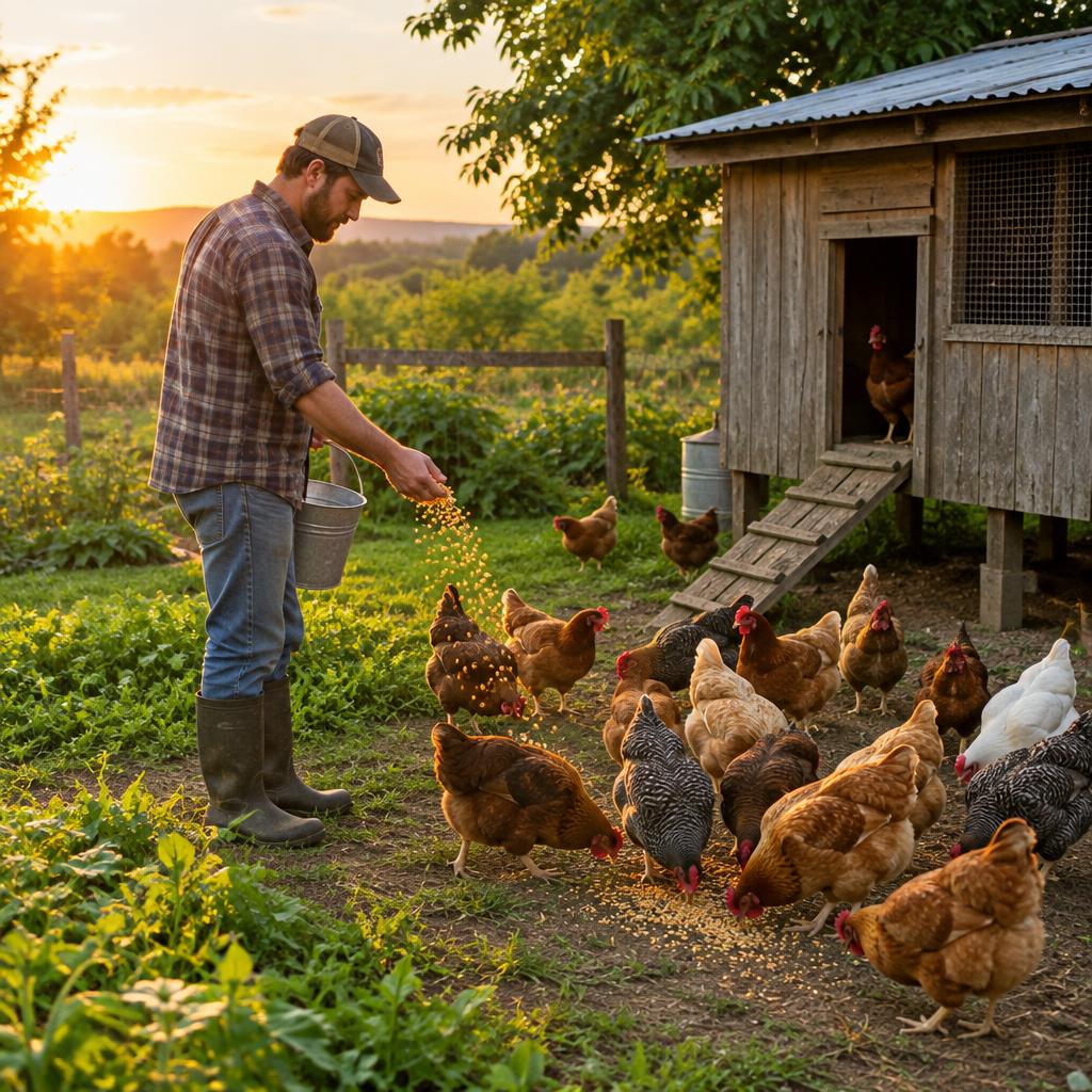 A man feeding a small flock of chickens beside a wooden coop