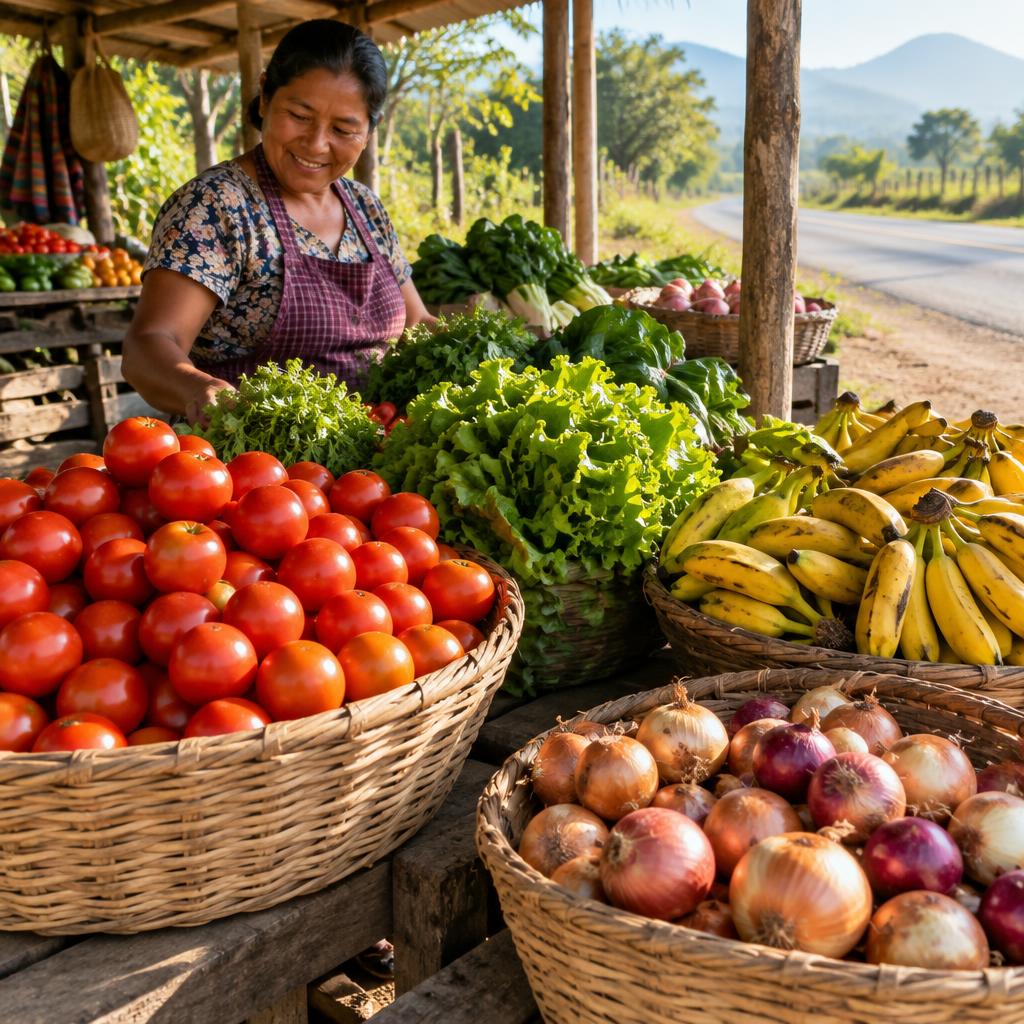 Baskets of colorful produce at a rural roadside market