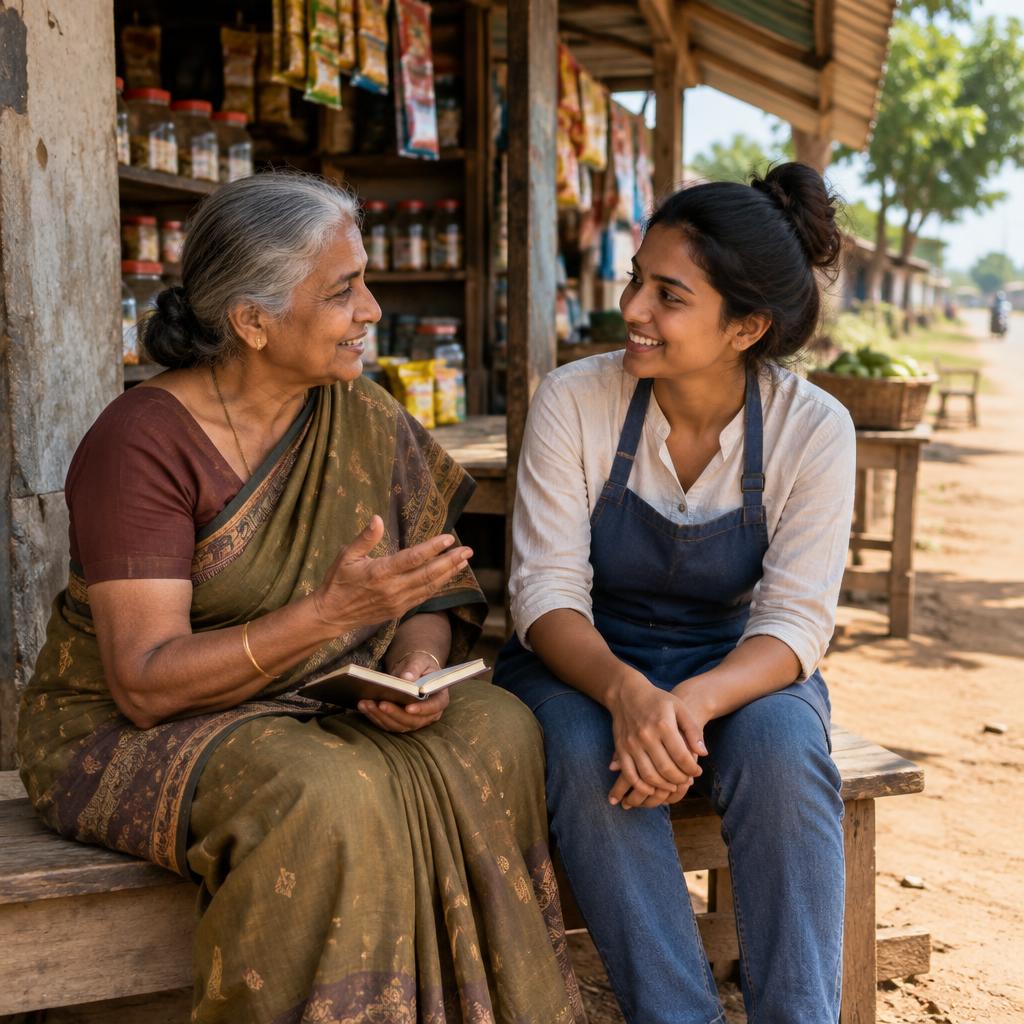 A mentor and a young entrepreneur talking together outside a small roadside shop